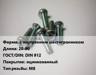 Винт с внутренним шестигранникомх20-90 DIN 912 оцинкованный М8, 10.9,8.8, по запросу, кг цена от 17.91 Р / кг, где купить, условия доставки в Минске и Минской области